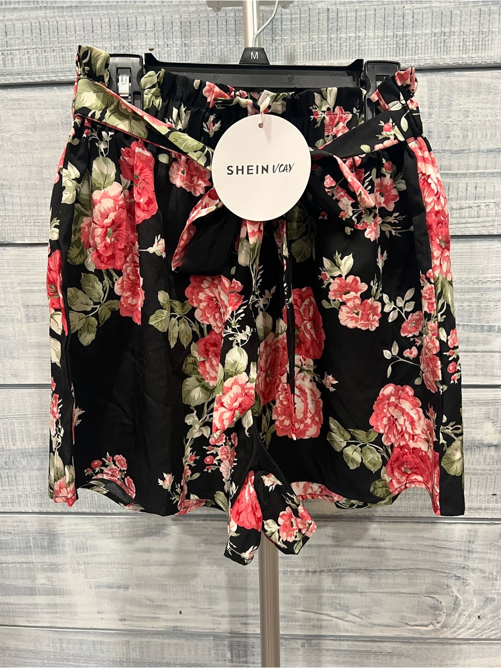 SHEIN Black Mini Skirt with Pink Floral Print